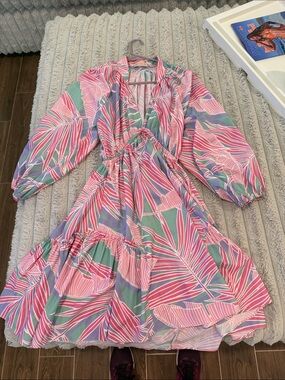 My Beloved Pink Tropical Print Long Sleeve Midi Dress